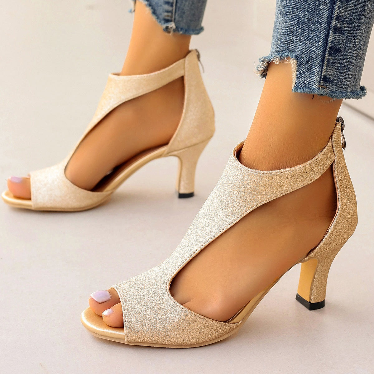 Women's High Heeled Fish Mouth Sandals with Zipper Closure